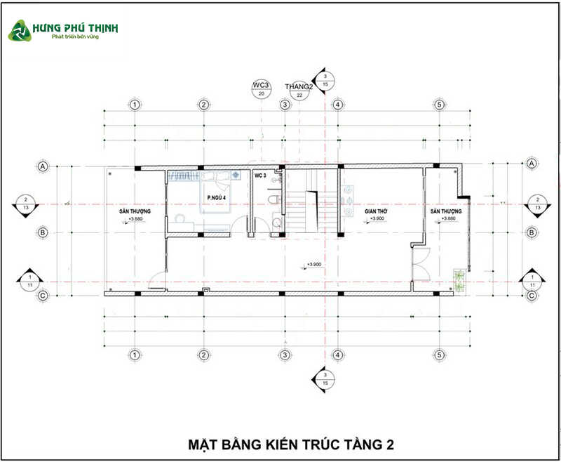 Bản vẽ mặt bằng mẫu nhà 2 tầng 1 hầm chi tiết - Tầng 2
