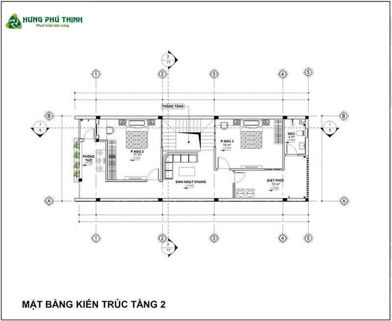 Bản vẽ thiết kế nhà 2 tầng 6x14m chi tiết - Tầng 2
