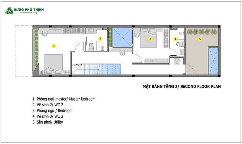 Bản vẽ mẫu nhà ống 2 tầng mái thái 5x20m chi tiết - Tầng 2