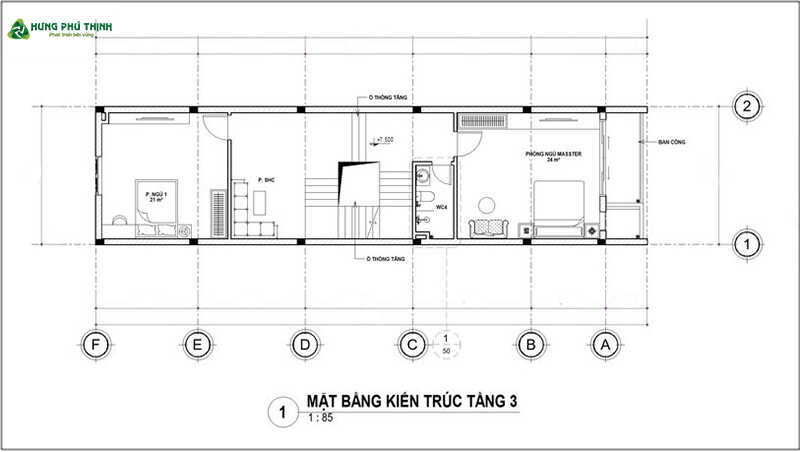 Bản vẽ mặt bằng thiết kế nhà 4 tầng 4x15m chi tiết - Tầng 3