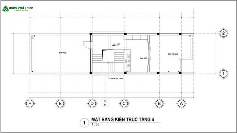 Bản vẽ mặt bằng thiết kế nhà 4 tầng 4x15m chi tiết - Tầng 4