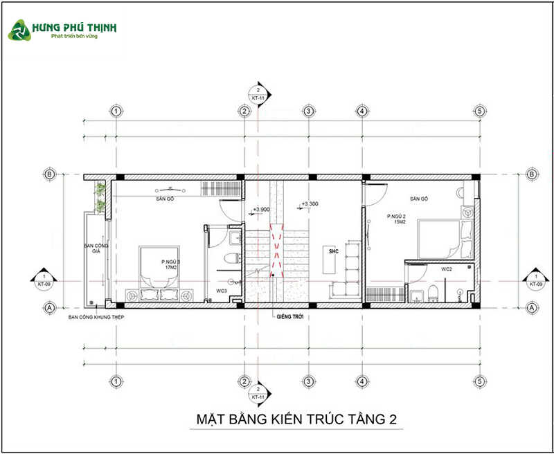 Bản vẽ mặt bằng mẫu thiết kế nhà ống 3 tầng 5x15m - Tầng 2