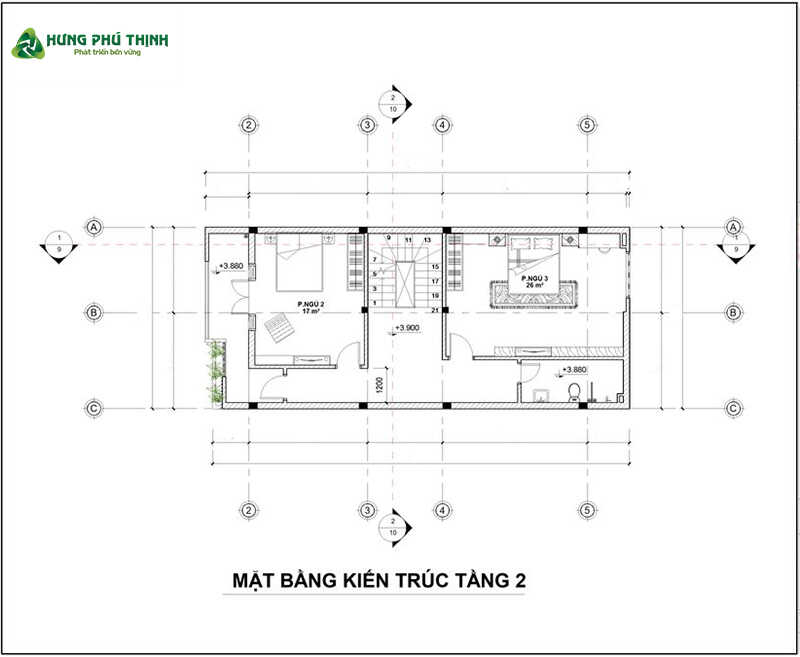 Bản vẽ mặt bằng thiết kế nhà 1 trệt 2 lầu 6x15m chi tiết - Tầng 2