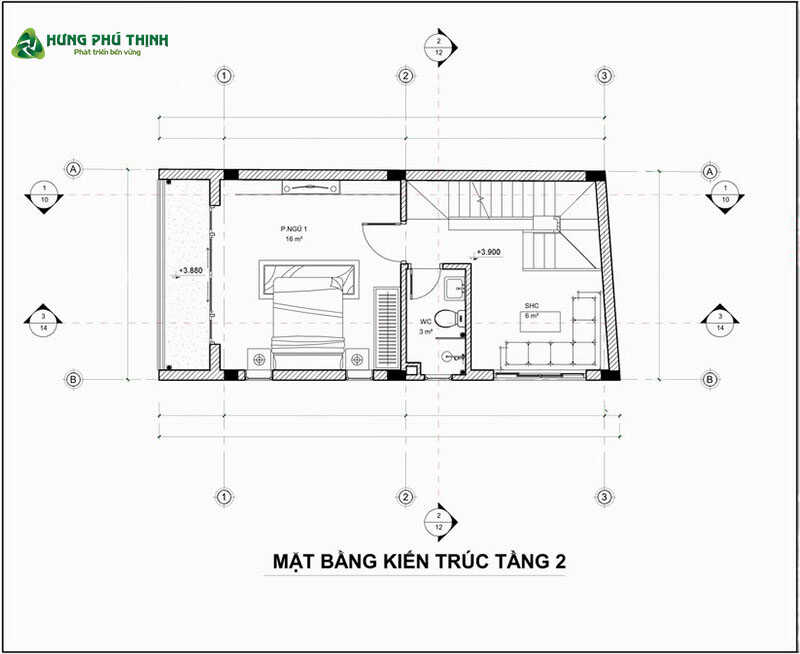 Bản vẽ thiết kế nhà ống 4 tầng 4x10m chi tiết - Tầng 2