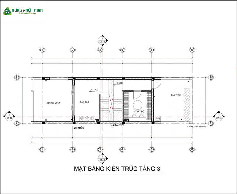 Bản vẽ thiết kế mẫu nhà 1 trệt 2 lầu 5x15 chi tiết - Tầng 3