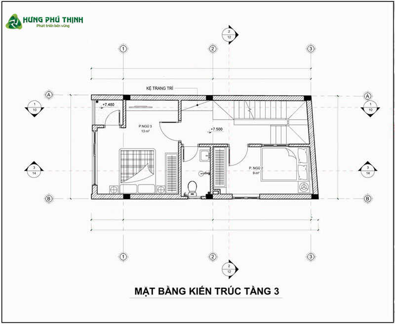 Bản vẽ thiết kế nhà ống 4 tầng 4x10m chi tiết - Tầng 3