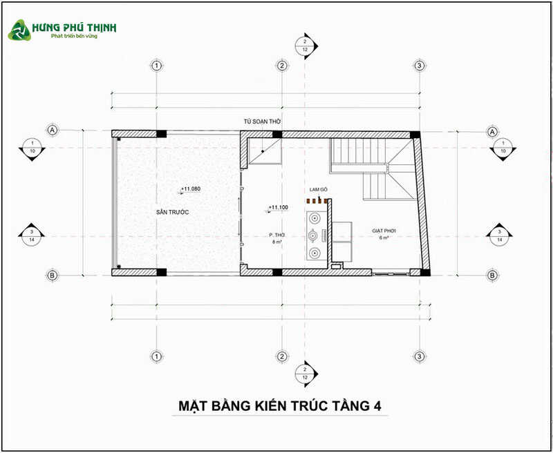 Bản vẽ thiết kế nhà ống 4 tầng 4x10m chi tiết - Tầng 4