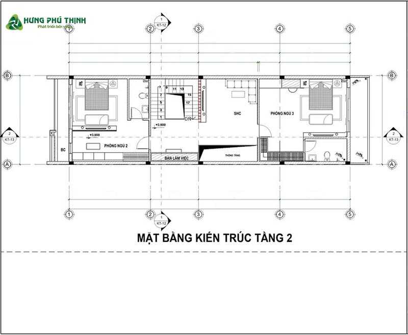 Bản vẽ mặt bằng công năng thiết kế nhà 3 tầng 100m2 - Tầng 2