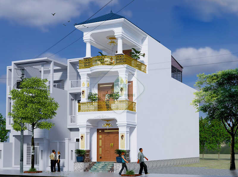 Mẫu 13: Lan can màu vàng quý phái nổi bật trong thiết kế nhà phố phong cách tân cổ điển