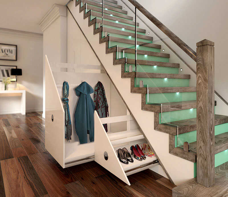 Trang trí gầm cầu thang bằng tủ giày dép quần áo