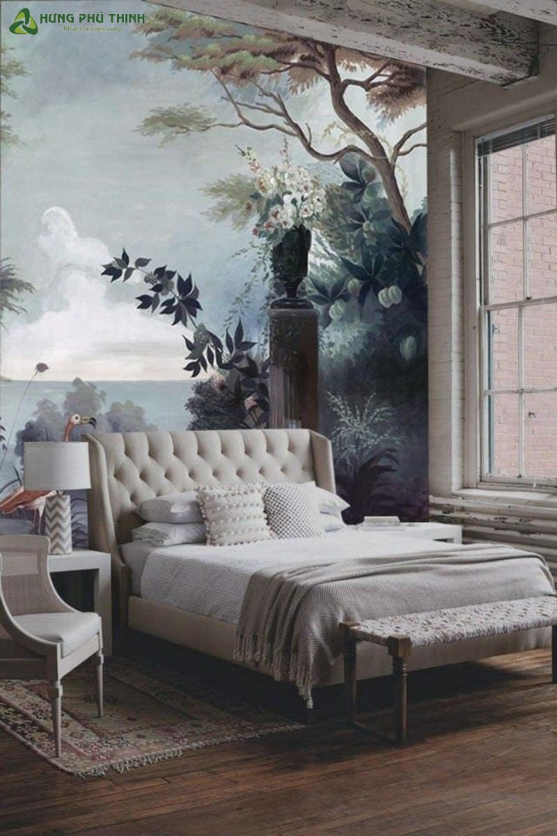 Mẫu 14: Phòng ngủ phong cách Tropical độc đáo hơn với bức tranh tường mang đậm màu sắc thiên nhiên.