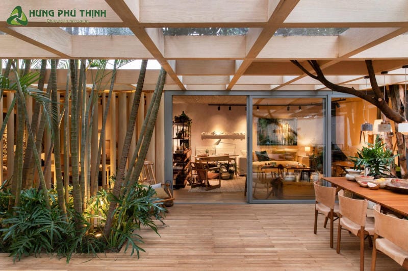 Mẫu 6: Ngôi nhà ấm cúng, gần gũi với thiên nhiên bằng cách sử dụng chất liệu gỗ kết hợp với không gian xanh.