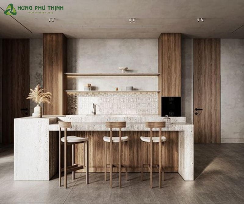 Phòng bếp mang đậm nét Wabi Sabi với gỗ và đá tự nhiên