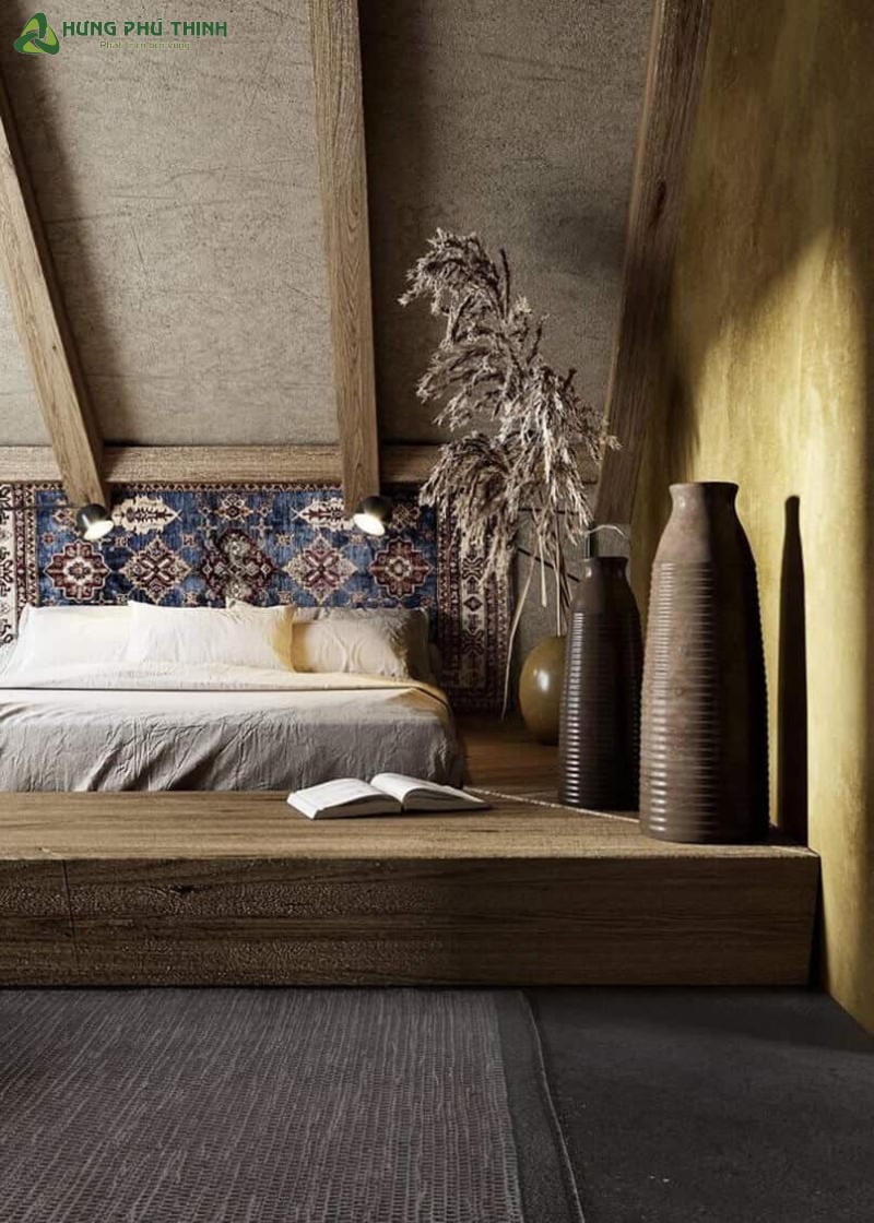 Gam màu trầm gỗ được ưu tiên sử dụng trong phòng ngủ Wabi Sabi