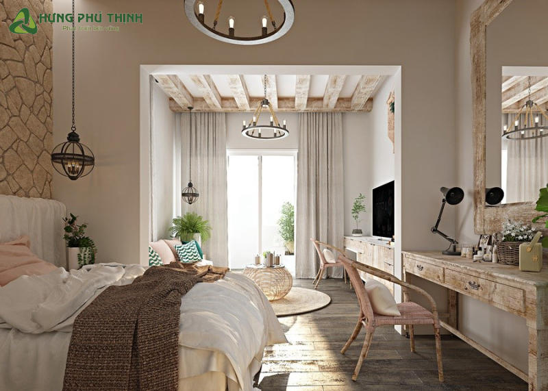 Phòng ngủ Rustic hiện đại với tông trắng - gỗ chủ đạo